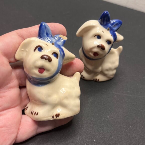 Vintage Ceramic Dog Salt & Pepper Shakers With Blue Bow Design Table Decor Retro - Picture 4 of 15